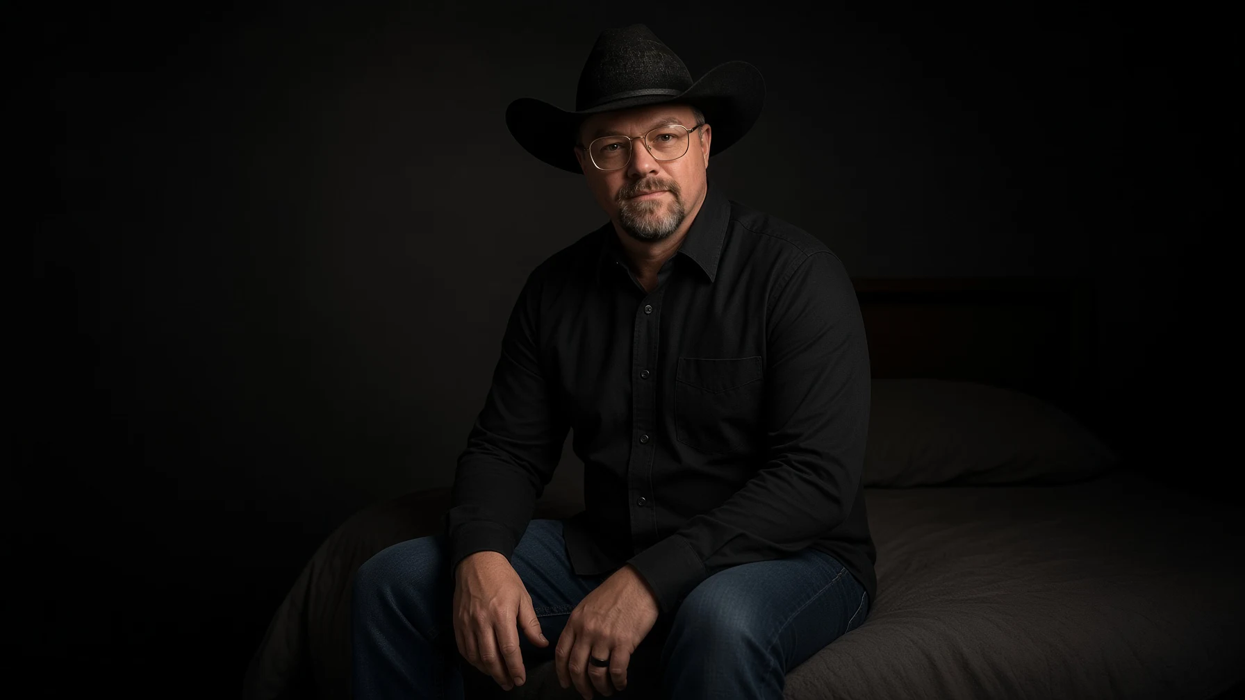 Chad Sanders seated in dramatic low-key studio lighting, black hat and shirt